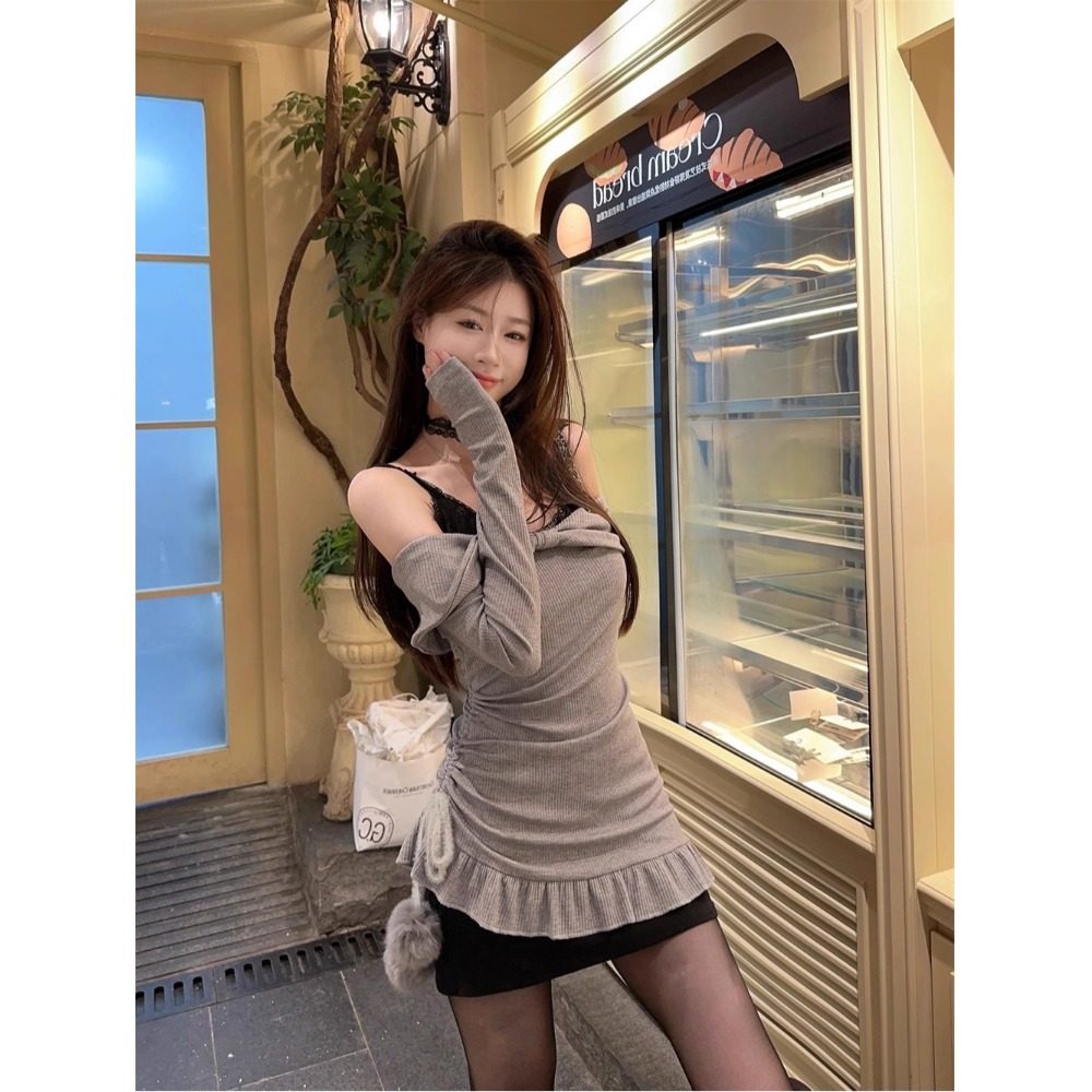 新款套装蕾丝一字连衣裙短裙通勤清新爆款中长款外搭今年流行叠穿