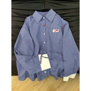 韩版学院风2026年春季蓝色格子长袖衬衫女设计感气质休闲宽松上衣