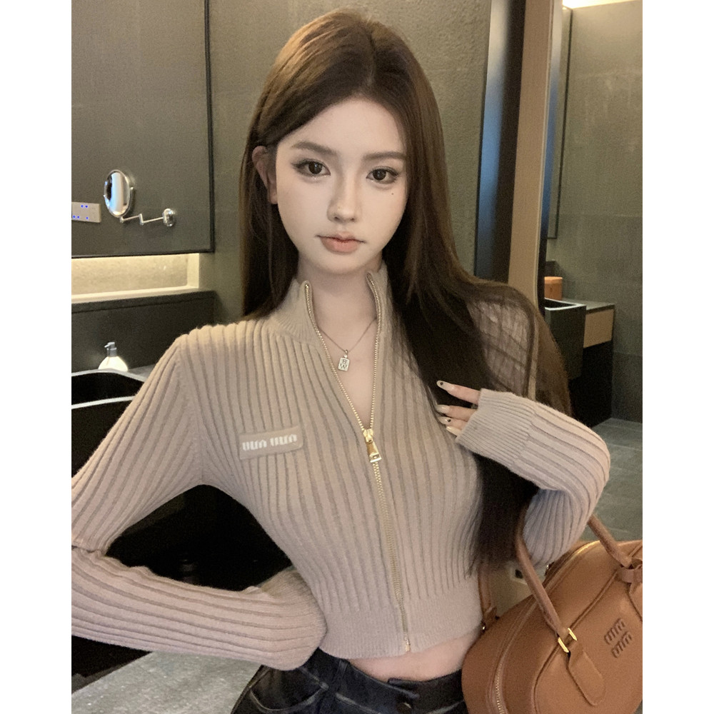 纯欲风简约百搭显瘦拉链针织女秋冬新款长袖开衫短款修身毛衣外套