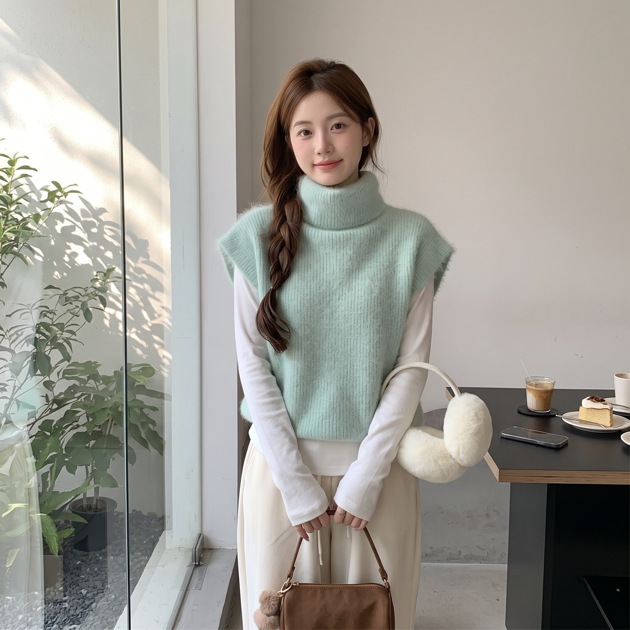 韩系高领仿貂针织马甲女秋宽松