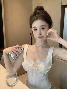 气质主播服装女直播上镜甜美法式高级感系带蕾丝拼接珍珠吊带背心