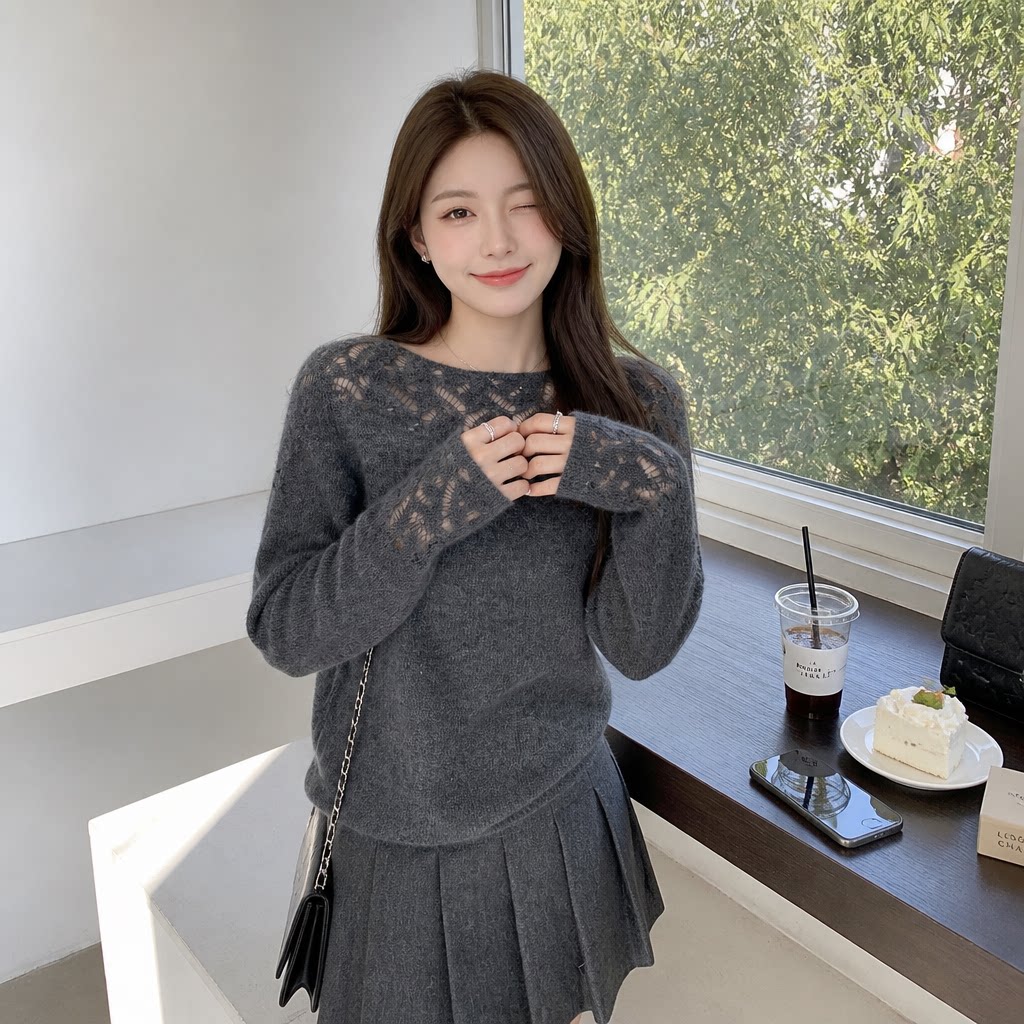 韩系毛绒镂空花纹针织衫女秋冬