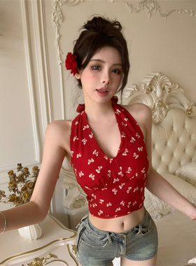 甜辣妹复古红色印花吊带背心女夏季2024新款露背美背修身短款上衣
