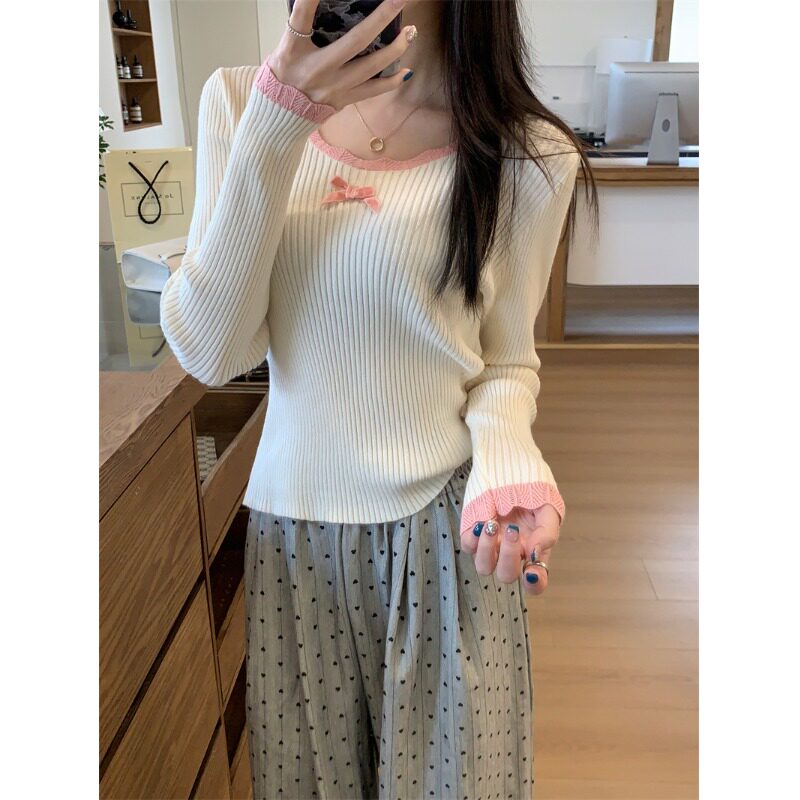 甜美蕾丝长袖针织打底衫女秋季2026新款蝴蝶结设计感毛衣内搭上衣