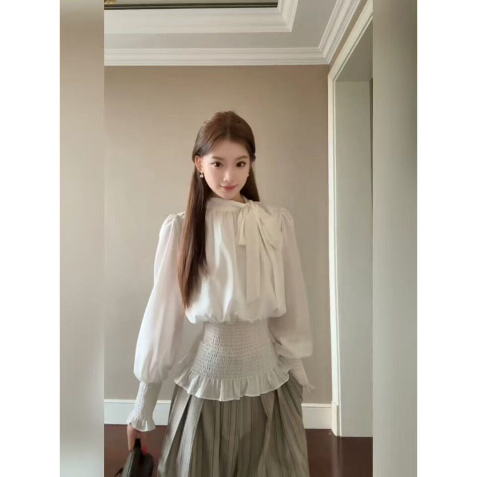 韩系白色系带收腰显瘦长袖衬衫