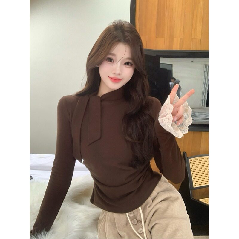 秋冬季长袖女蕾丝拼接围巾领短款褶皱T恤甜美纯欲打底衫修身上衣