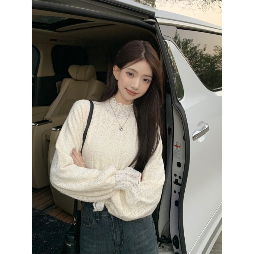 大码加绒加厚蕾丝衫女胖mm2026秋冬季新款半高领长袖打底衫上衣