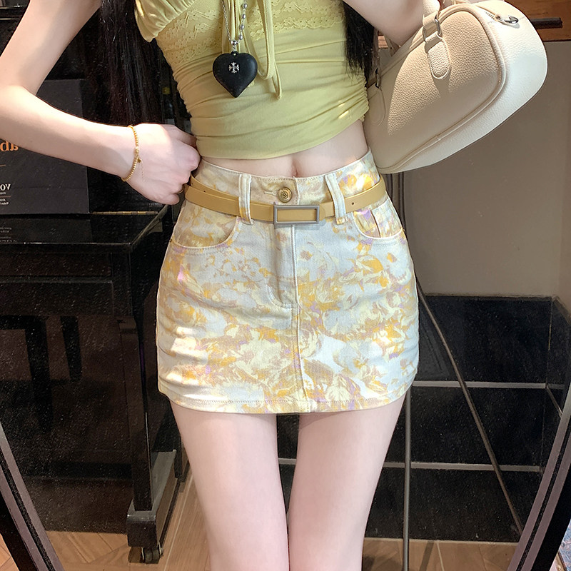 夏季黄碎花扎染高腰显瘦牛仔短裙