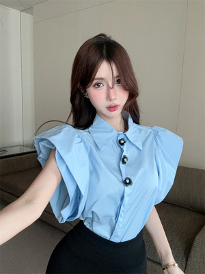 夏季复古法式设计感小众泡泡黑色花瓣翻领别致高级上衣短款衬衫