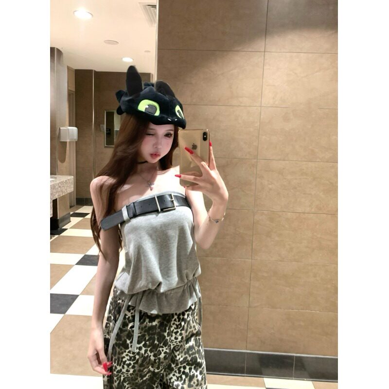 美式辣妹设计皮带抹胸抽绳复古背心无袖2026夏季别致修身上衣女