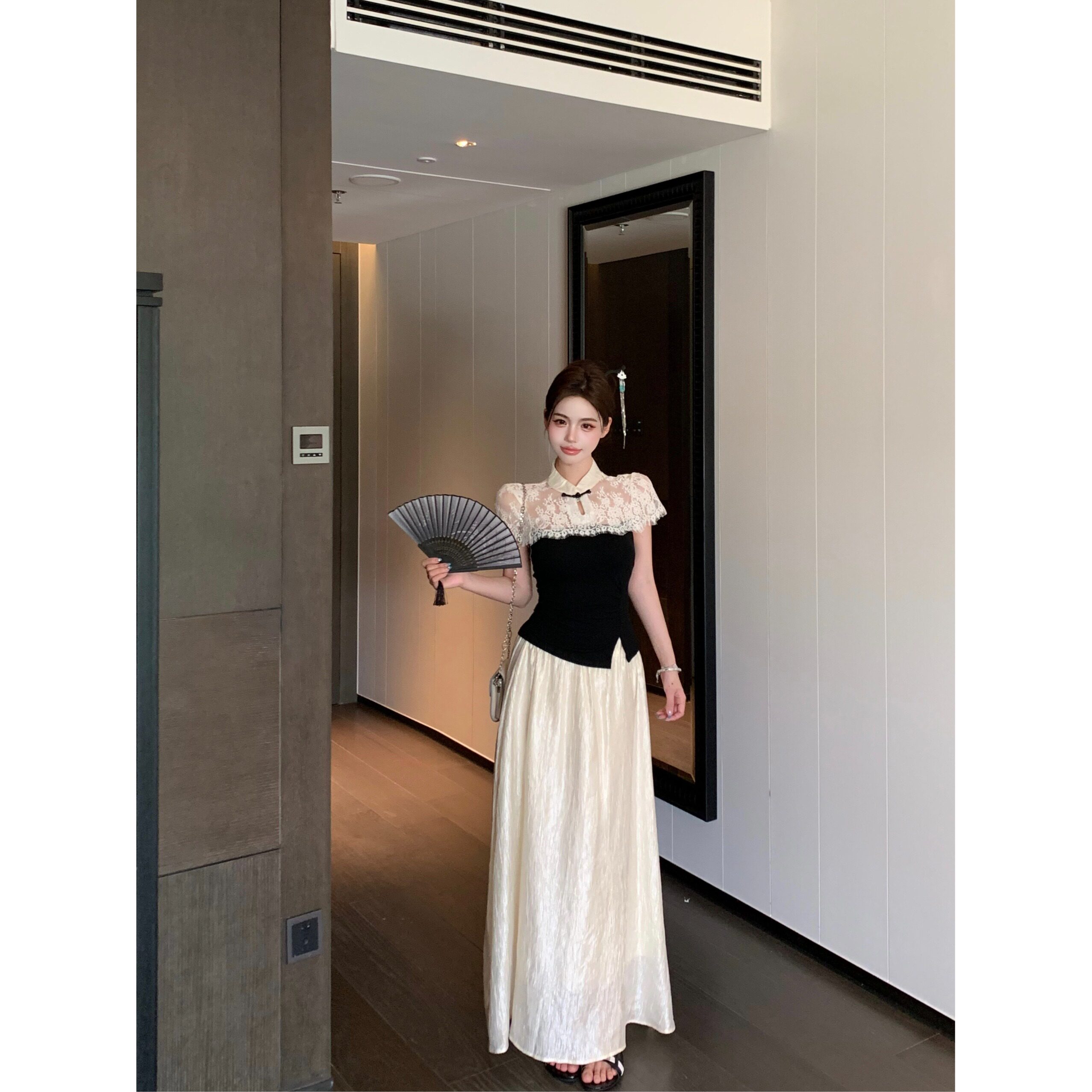 新中式气质甜美撞色蕾丝立领短袖t恤女2026夏季新款温柔优雅上衣