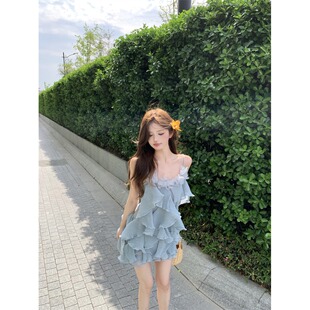 蓝色荷叶边吊带连衣裙女夏季立体花朵雪纺裙子小个子a字蛋糕短裙