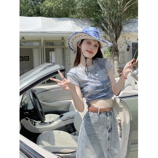 美式复古灰色正肩短袖t恤女夏季设计感小众辣妹修身露脐短款上衣