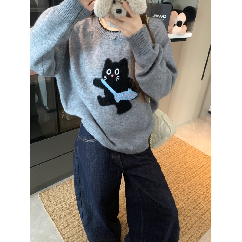 设计感秋冬新款韩系套头毛衣女猫咪百搭休闲保暖内搭针织衫上衣