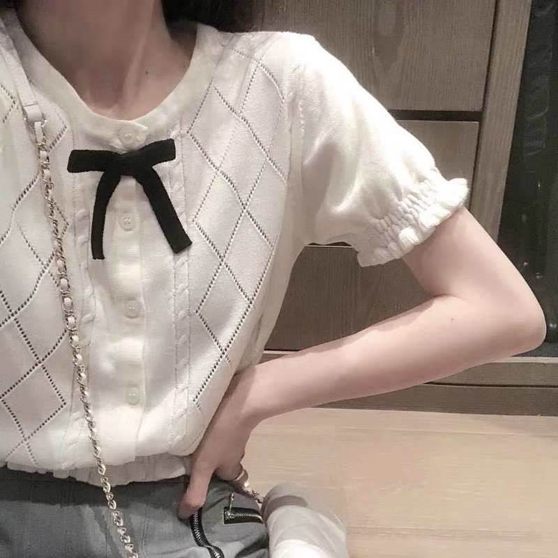 甜美夏季木耳花边短袖上衣镂空韩版T恤蝴蝶结系带短款针织开衫女