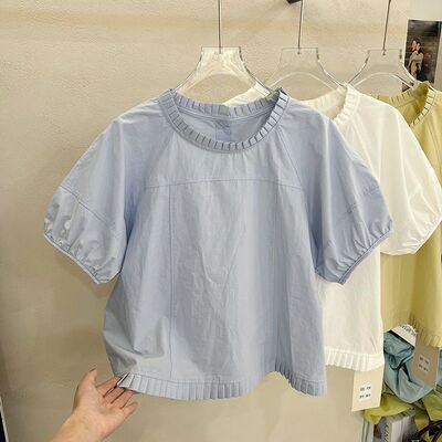 减龄圆领木耳边短袖小衫女2025夏季新款后背扣设计感衬衫别致上衣