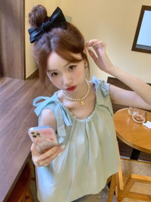 系带小清新无袖背心上衣女