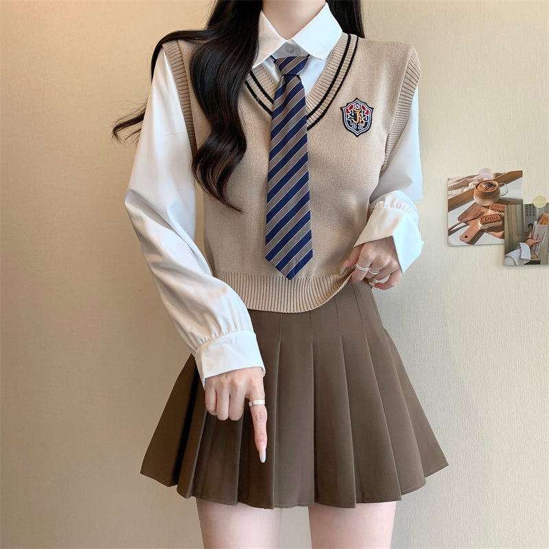 学院风假两件针织马甲背心女春秋2025新款衬衫设计感气质别致上衣