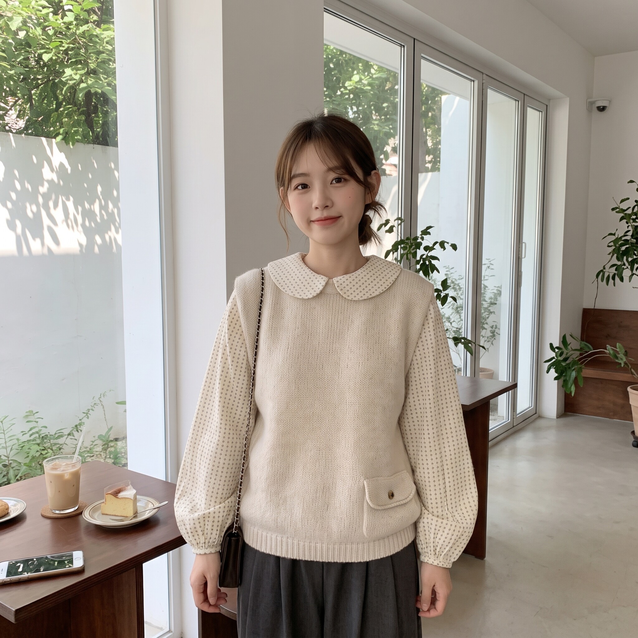 夏季甜美碎花娃娃领衬衫马甲套装