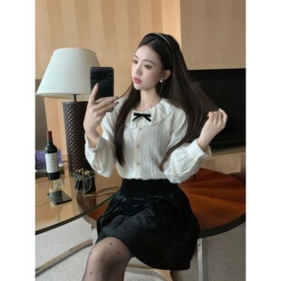 薄款/加绒 法式小香风整圈花边领百搭长袖打底衫磨毛蕾丝衬衫上衣