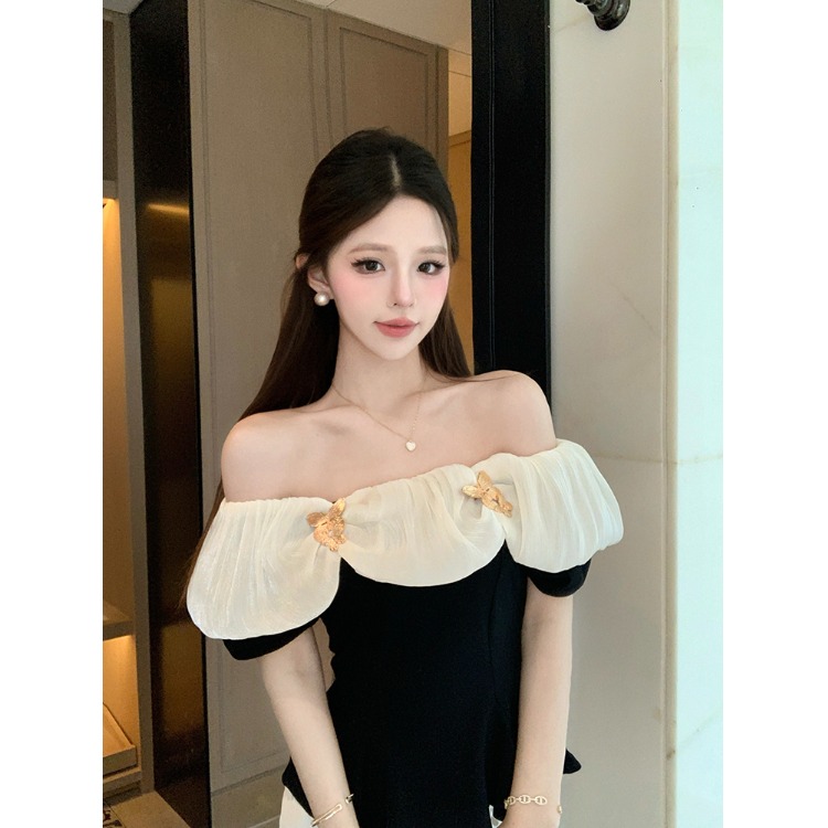 法式高级感一字肩蝴蝶设计感短袖T恤女夏季修身显瘦气质短款上衣