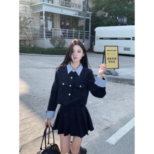 韩系小香风假两件长袖外套百褶短裙套装新款时尚两件套女爆款简约