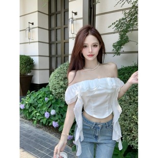 纯欲风荷叶边法式一字肩白色衬衫女性感飘带夏季洋气辣妹小衫上衣