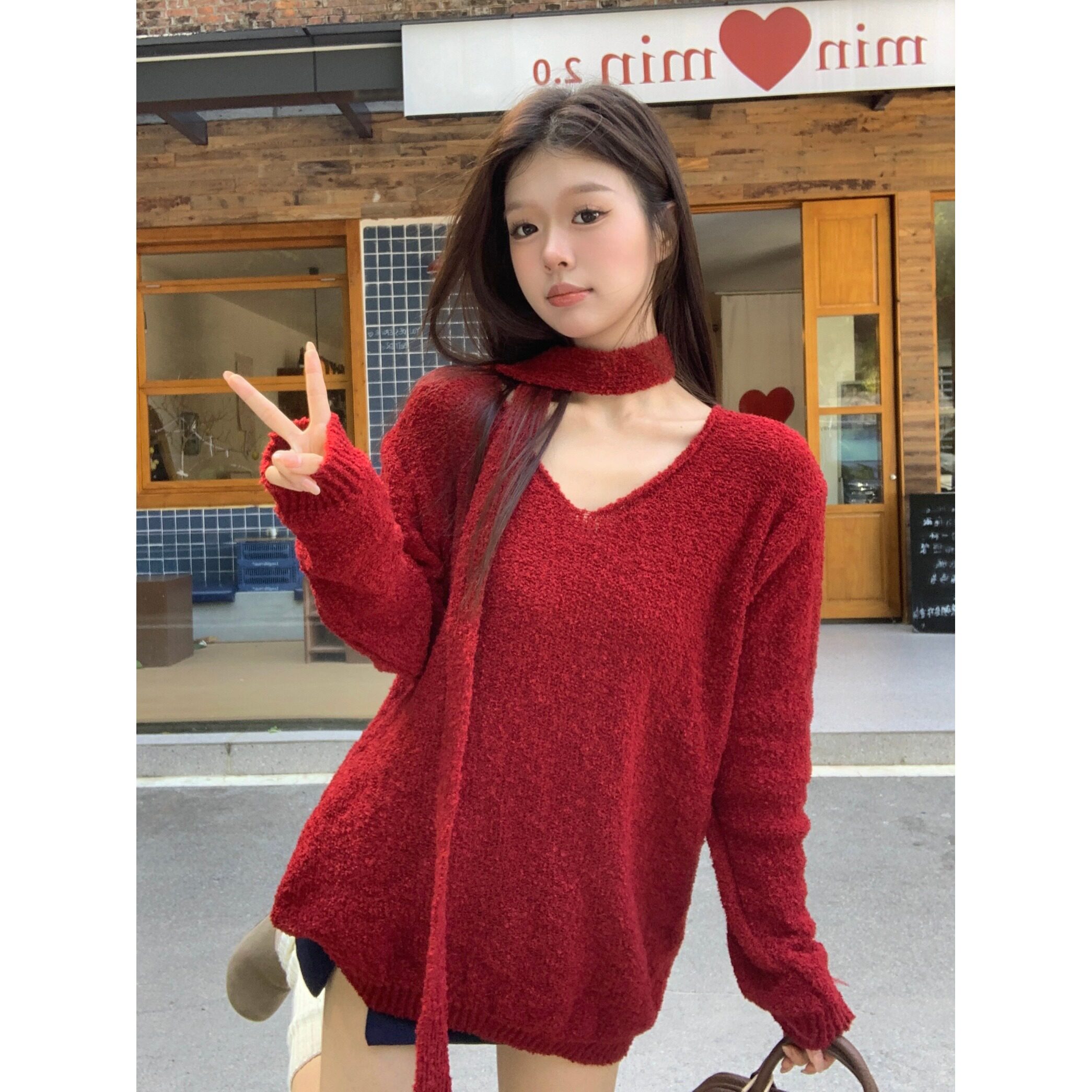 韩版休闲红色针织慵懒2026上衣时尚秋冬宽松毛衣围巾针织衫