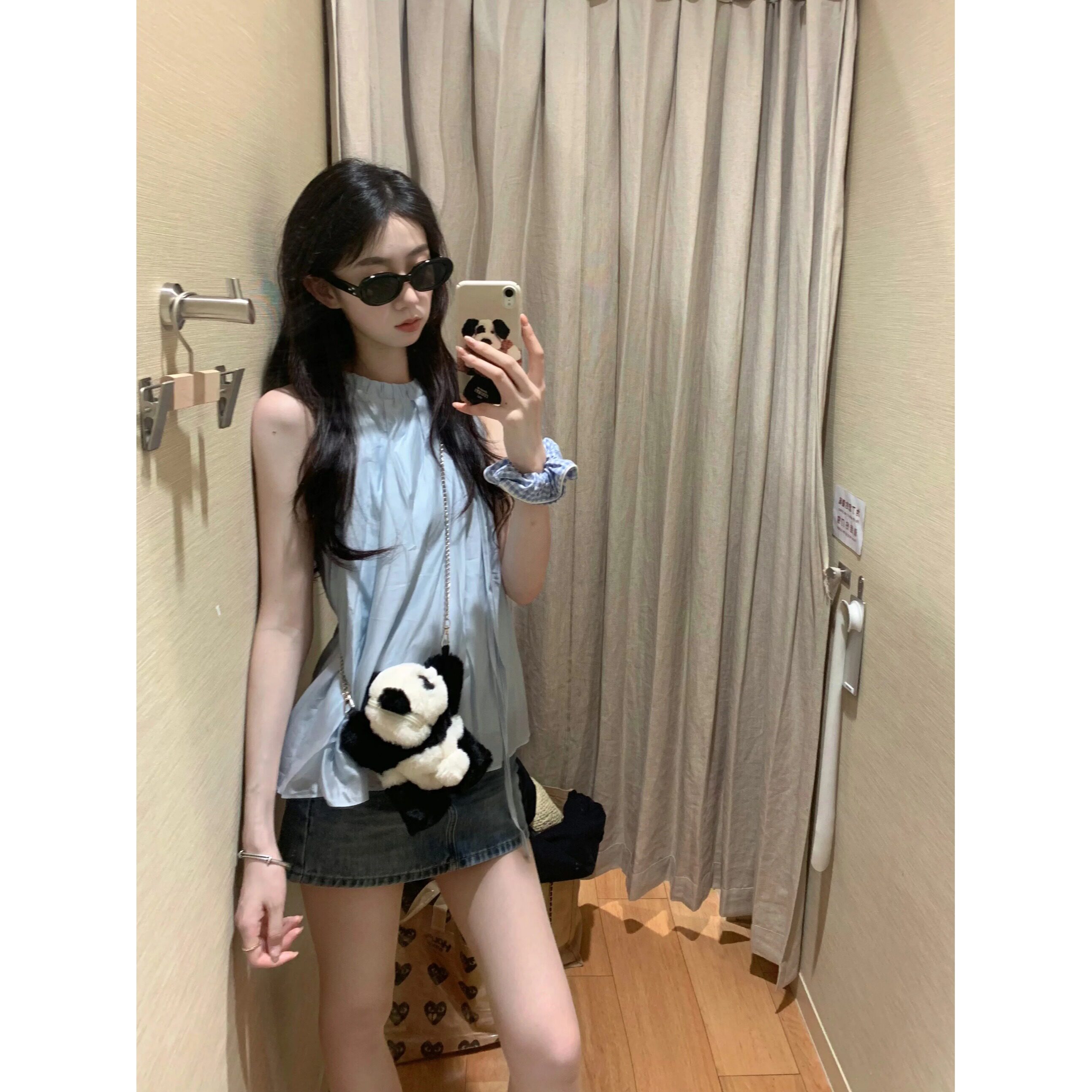 法式海盐蓝露肩挂脖天丝衬衫女夏气质减龄背心显瘦娃娃衫无袖上衣