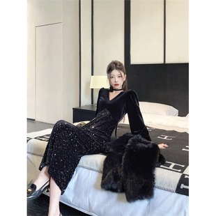 法式高级感亮片v领连衣裙女春新款气质收腰显瘦中长款包臀鱼尾裙