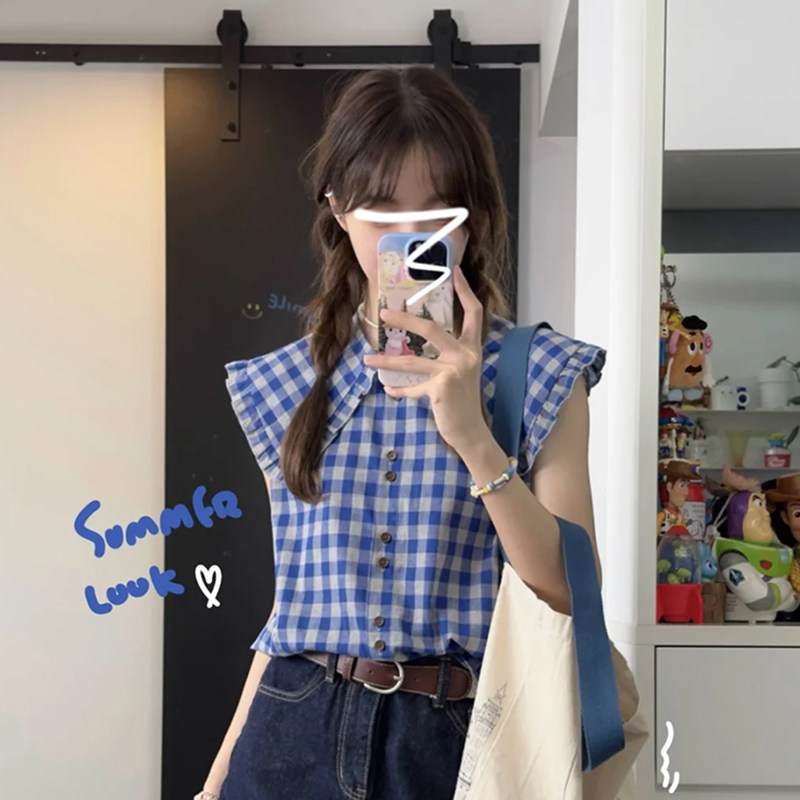 韩系甜美格子荷叶边衬衫背心女2026夏季新款温柔减龄显瘦外穿上衣
