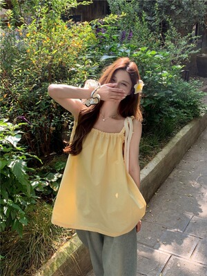 小清新黄色吊带背心女外穿夏季韩系设计感系带蝴蝶结露背无袖上衣