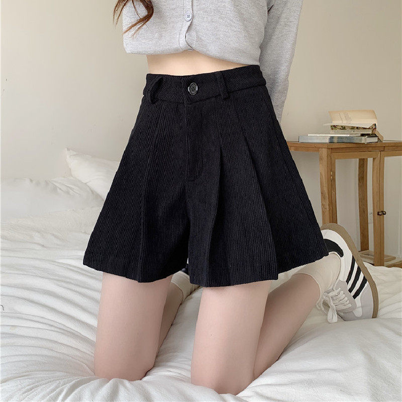 2024秋冬大码胖mm阔脚裤高腰外穿显瘦灯芯绒百褶短裤休闲打底靴裤