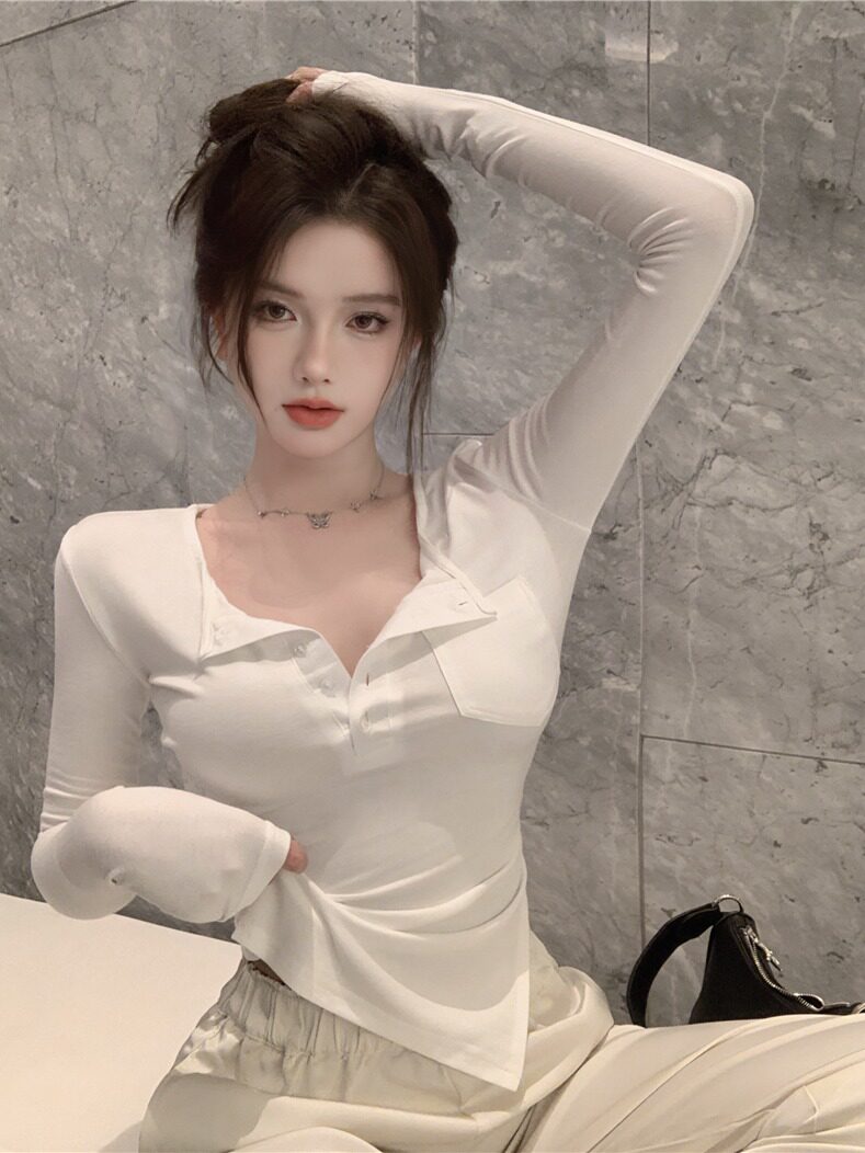 纯欲风辣妹白色长袖T恤女装春季2026新款收腰性感修身打底衫上衣