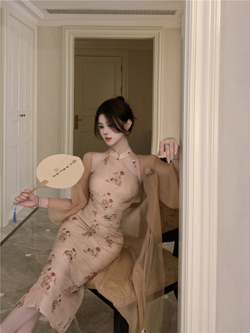 复古套装改良旗袍长裙女装夏季2024年新款薄款开衫外套两件套上衣