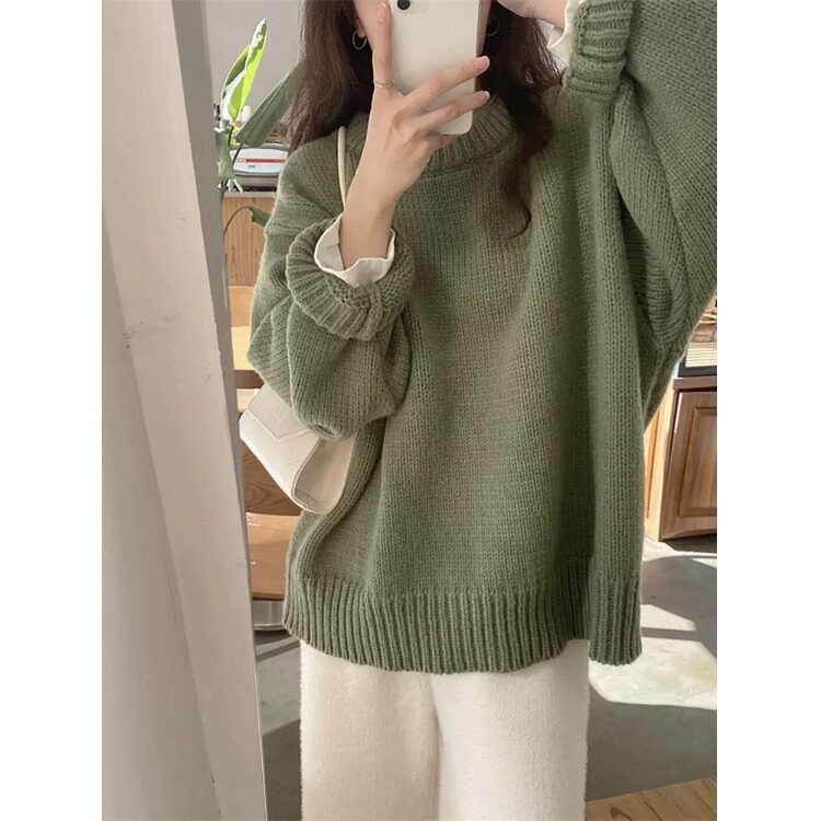绿色圆领套头毛衣女新款春秋oversize日系慵懒复古高级感洋气外穿