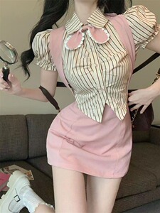 甜辣妹性感套装条纹短袖衬衫上衣女夏季粉色背带短裙半身裙两件套
