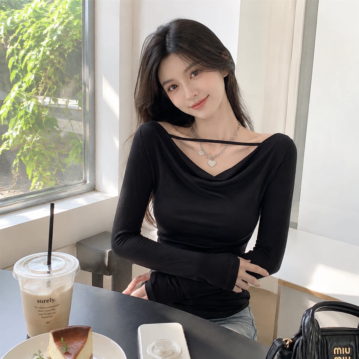 春秋法式纯欲不规则长袖T恤女