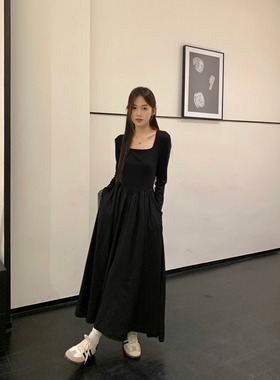 赫本风黑色收腰气质长袖连衣裙女2025秋冬新款法式显瘦中长款裙子