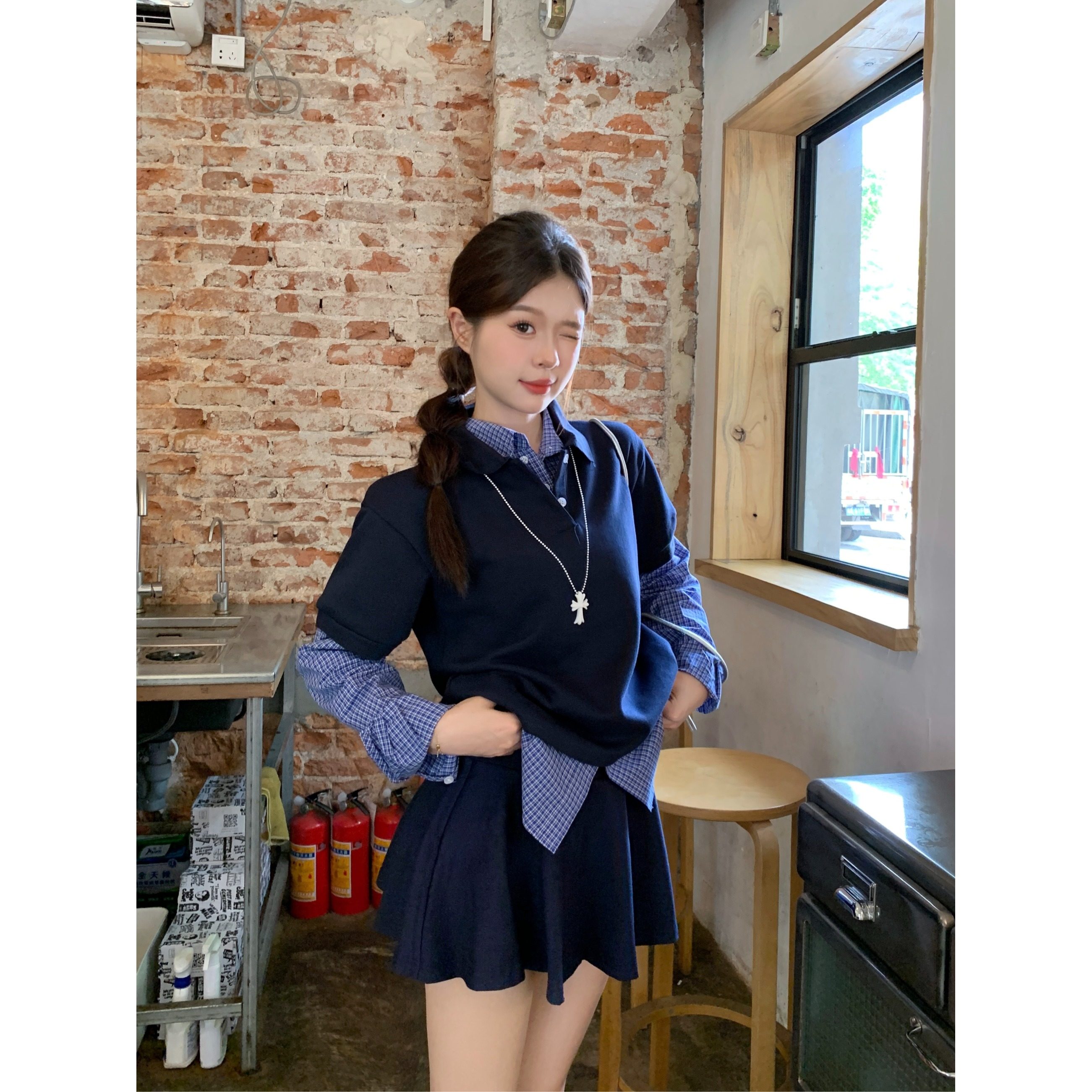 秋季2026新款外搭短袖卫衣学院风格纹Polo衫上衣女时尚两件套chic