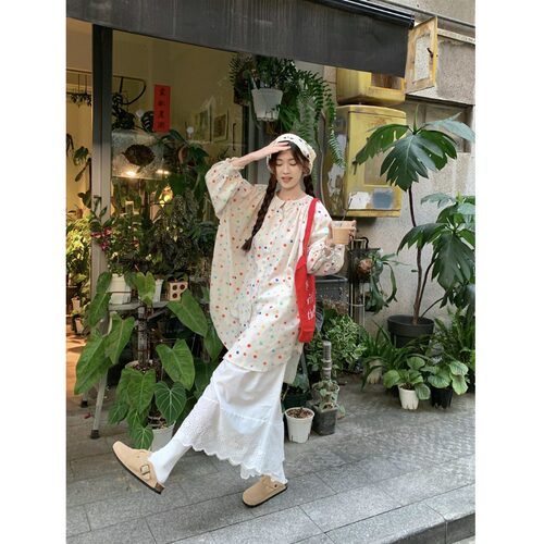 港风chic日系少女彩色波点森系圆领宽松衬衫2026春季新款法式上衣