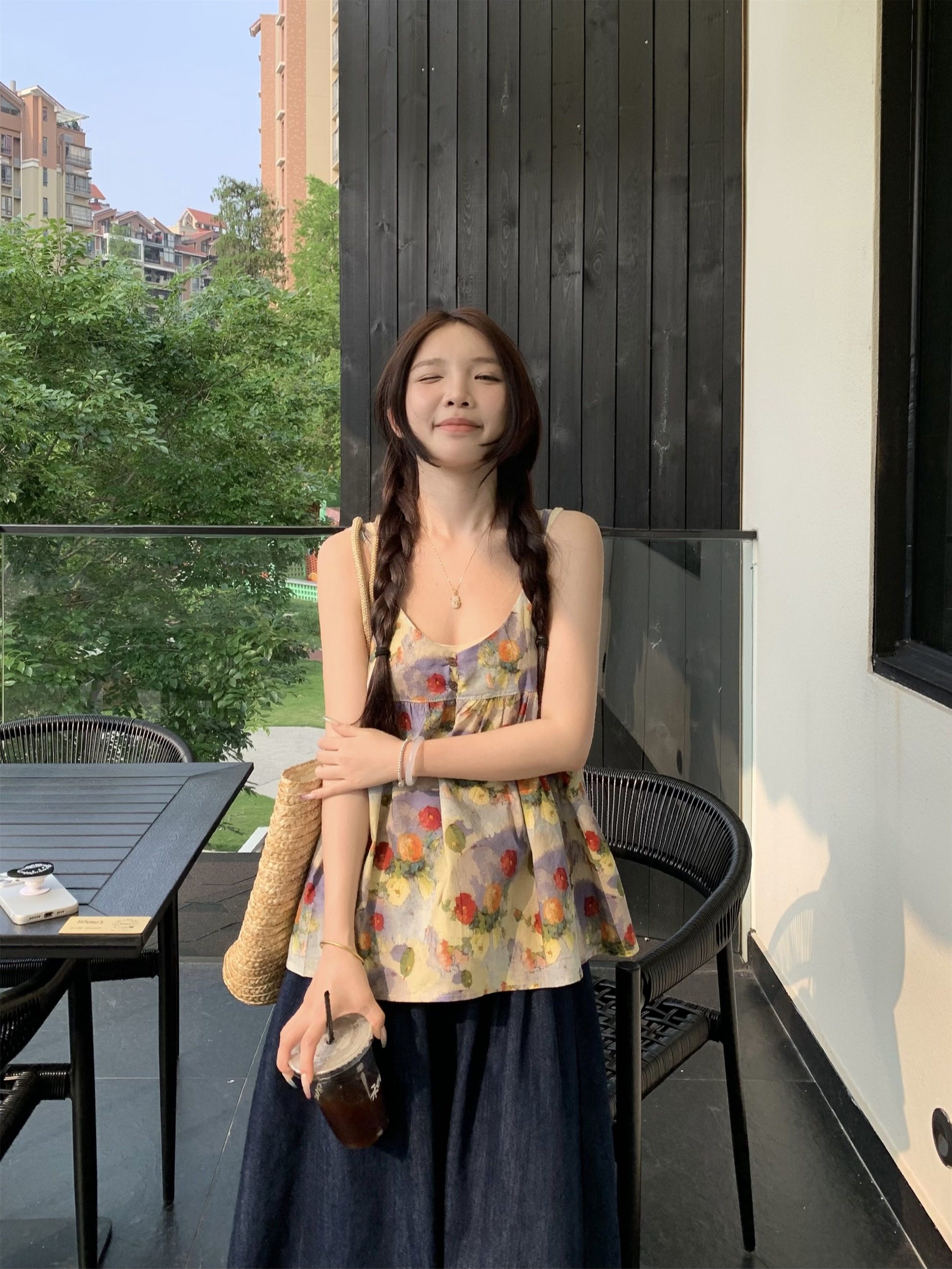 2024韩系度假设计感两穿复古上衣油画碎花夏季新款减龄吊带背心