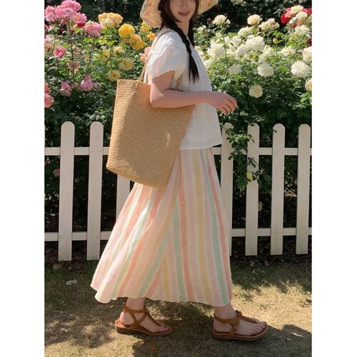 春夏多巴胺彩虹条纹A字显瘦半裙