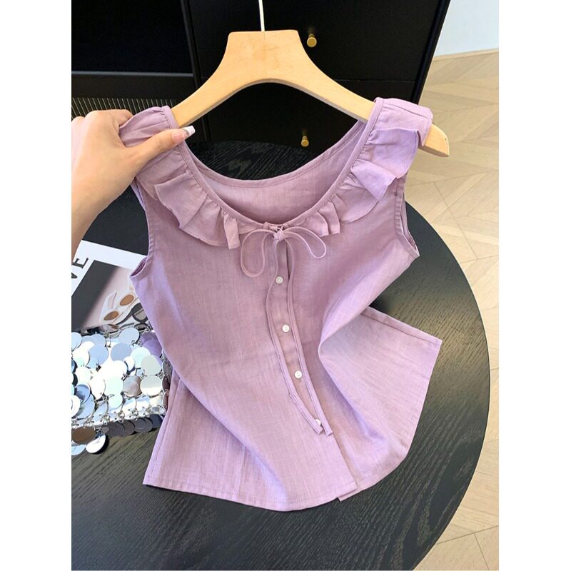 韩系夏季女款荷叶领棉麻背心