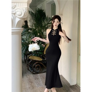 新中式连衣裙黑色改良旗袍2025新款修身显瘦气质鱼尾长裙子女夏季