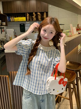 学院风蕾丝花边格子单排扣短袖衬衫女夏季宽松衬衣洋气泡泡袖上衣