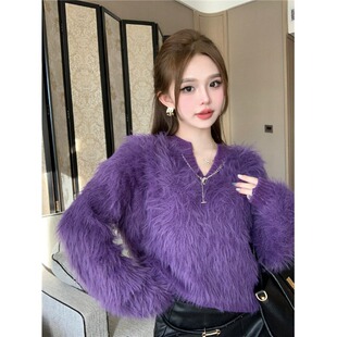 设计感小众水貂绒毛衣女短款秋冬新款宽松慵懒风v领针织衫上衣潮