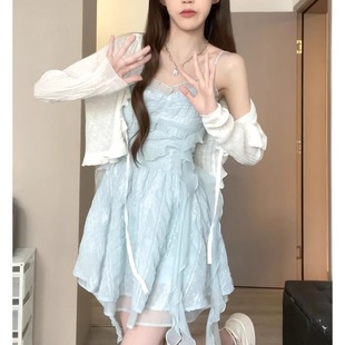 法式气质吊带连衣裙两件套装多巴胺夏日绝美度假风海边仙女短裙子