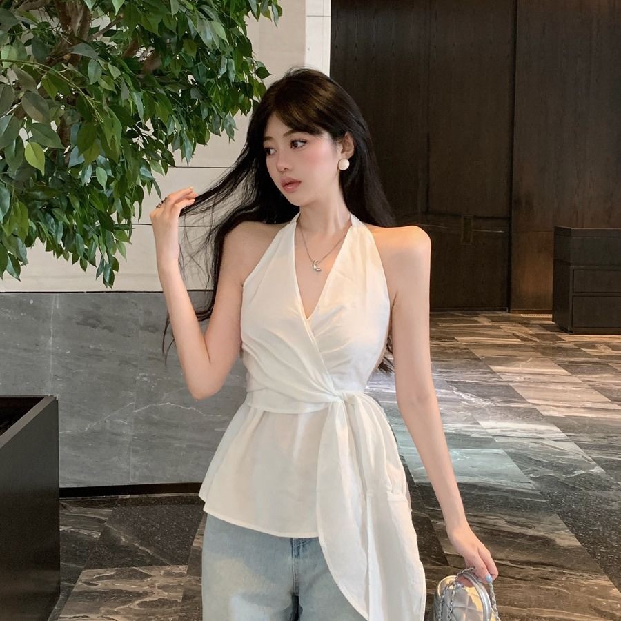 夏季法式辣妹V领挂脖显瘦上衣