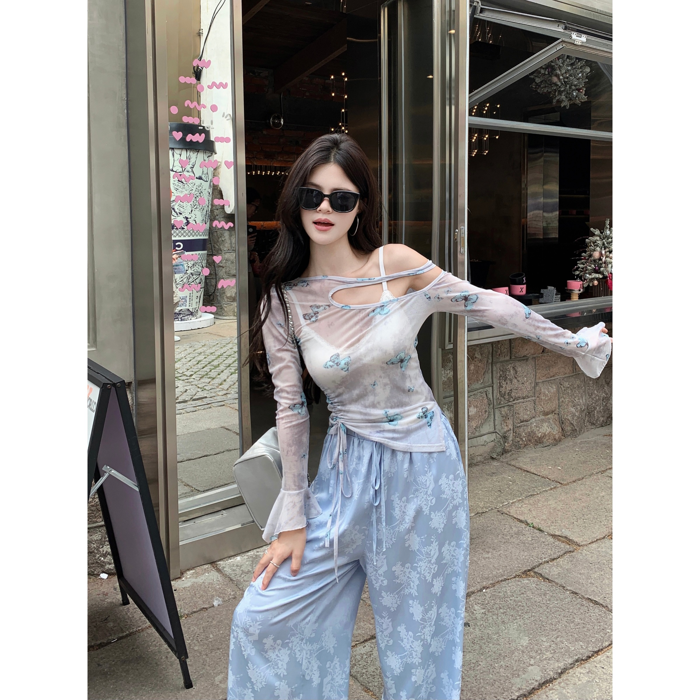 辣妹蝴蝶网纱透视感防晒长袖T恤垂感女夏季新款潮